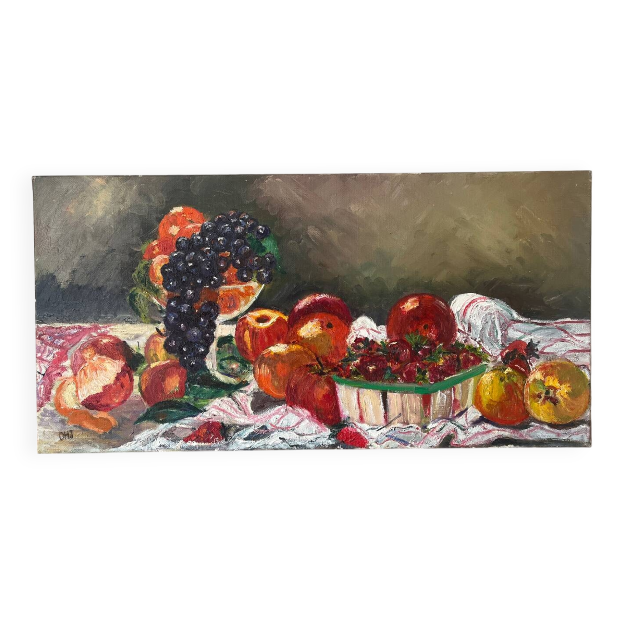 Still life with fruits and strawberries, oil on canvas signed Odile Julien.