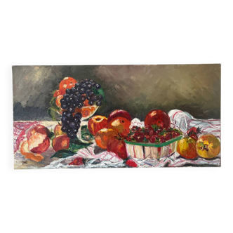 Still life with fruits and strawberries, oil on canvas signed Odile Julien.