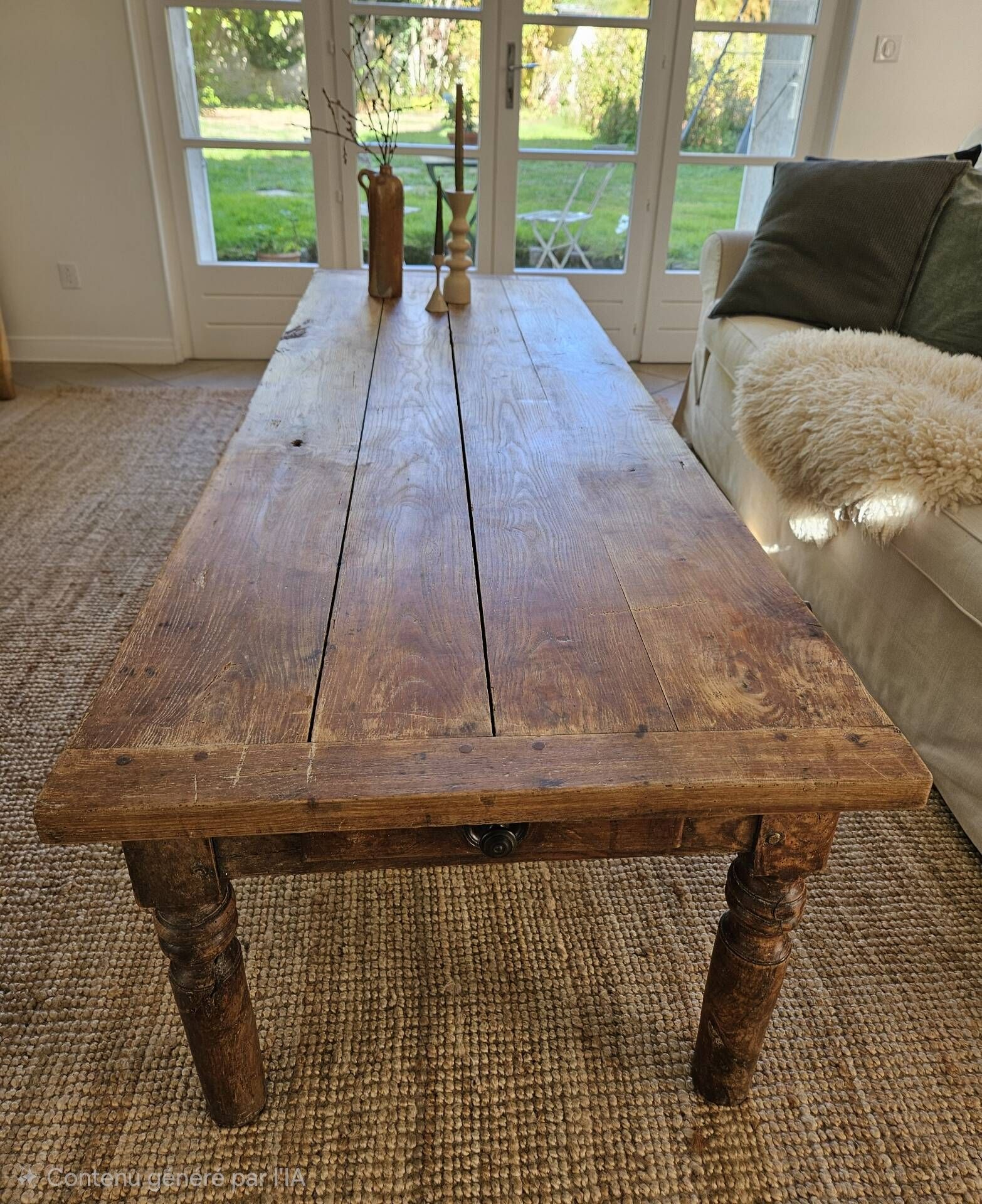 XXL coffee table in solid raw elm wood with 2 drawers, rustic antique.
