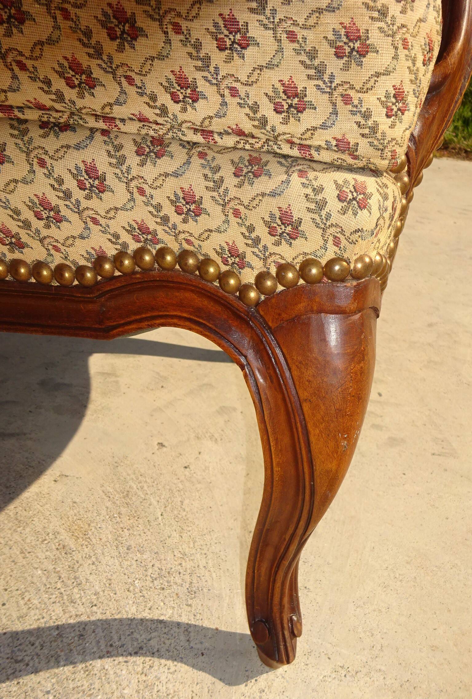 Bergère armchair in walnut and upholstered fabrics, set of 2