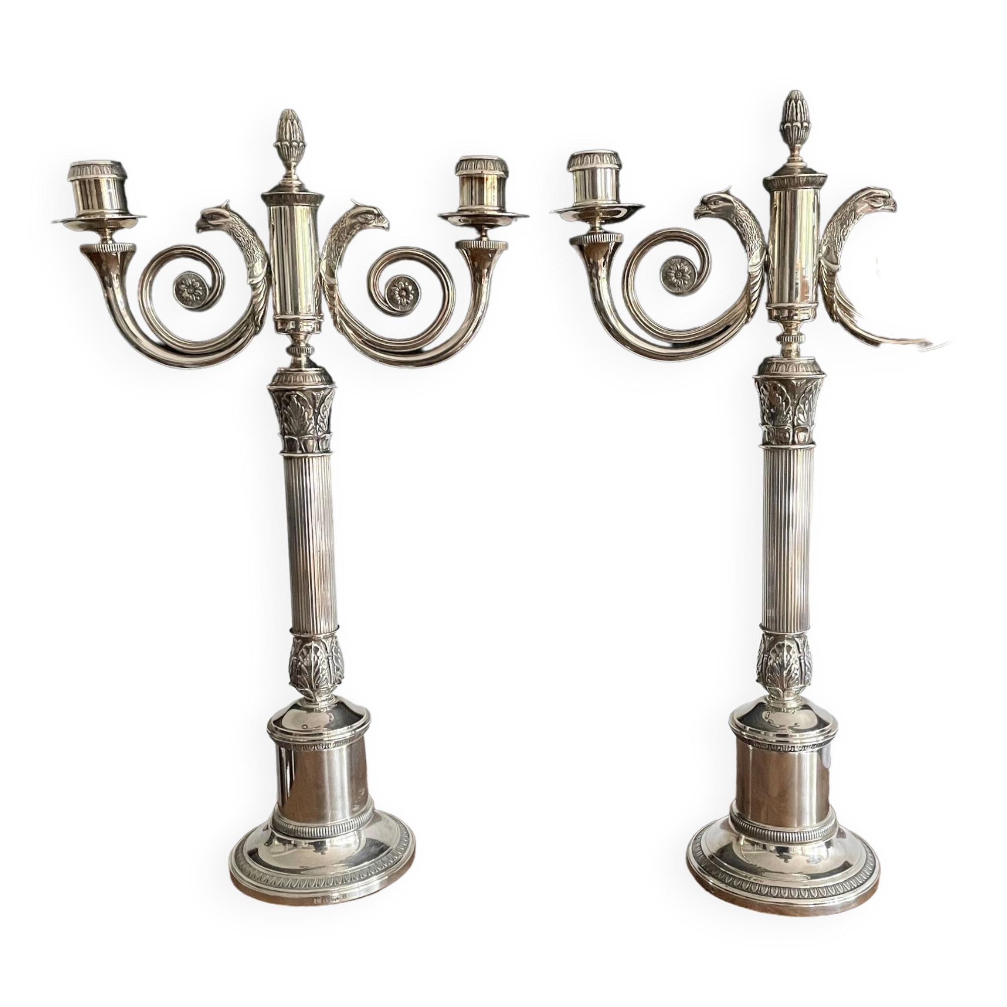 Christofle. Pair of candlesticks, Candelabras, Candlesticks in silver metal. Malmaison model. (New)