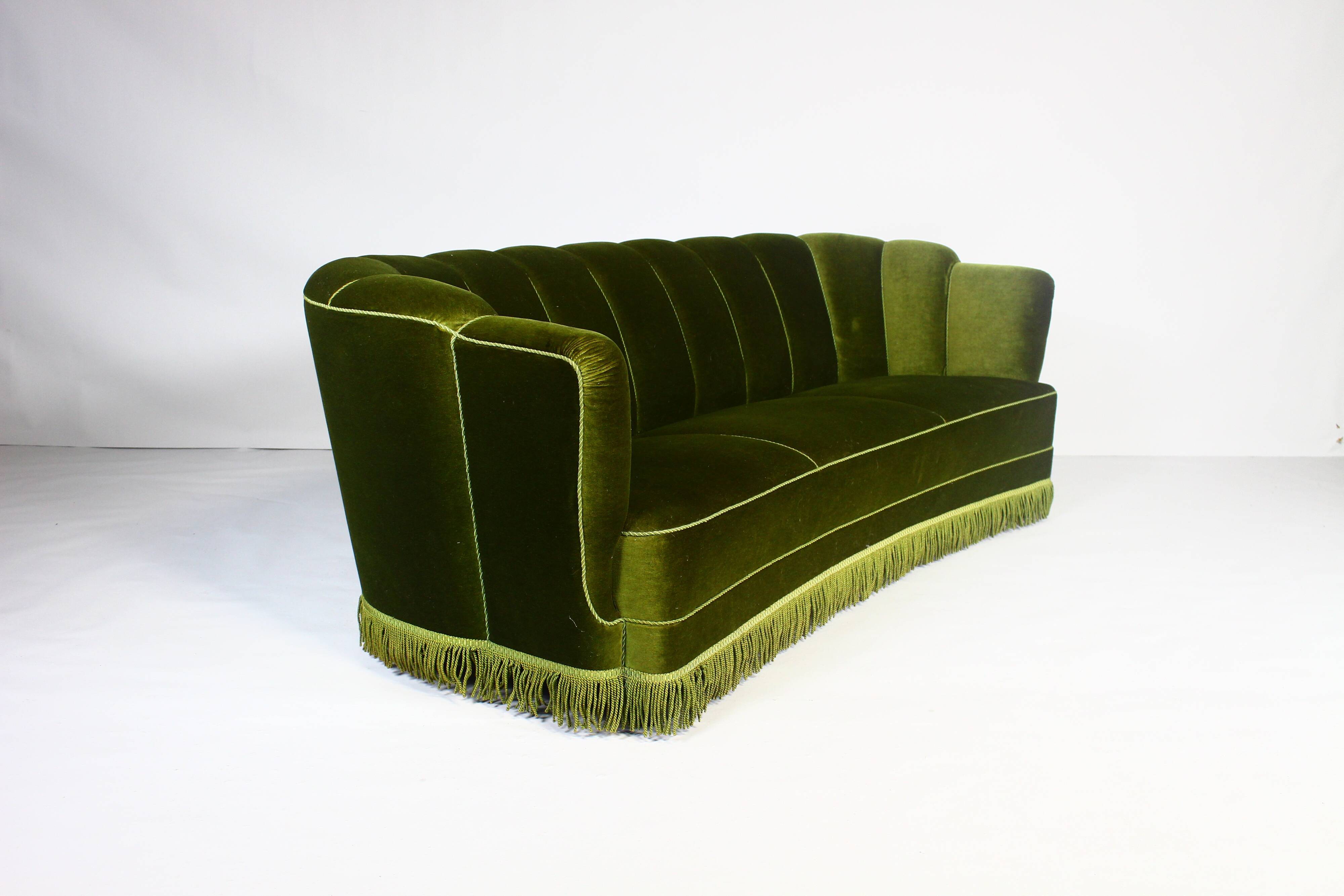 1940s art deco green velvet banana sofa, Denmark