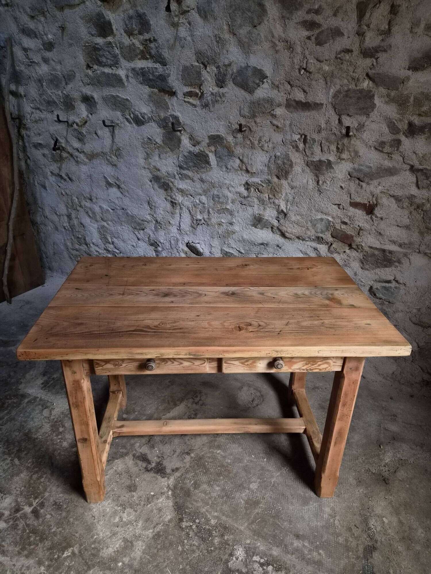 Vintage pine kitchen table or desk with two drawers – 1950s