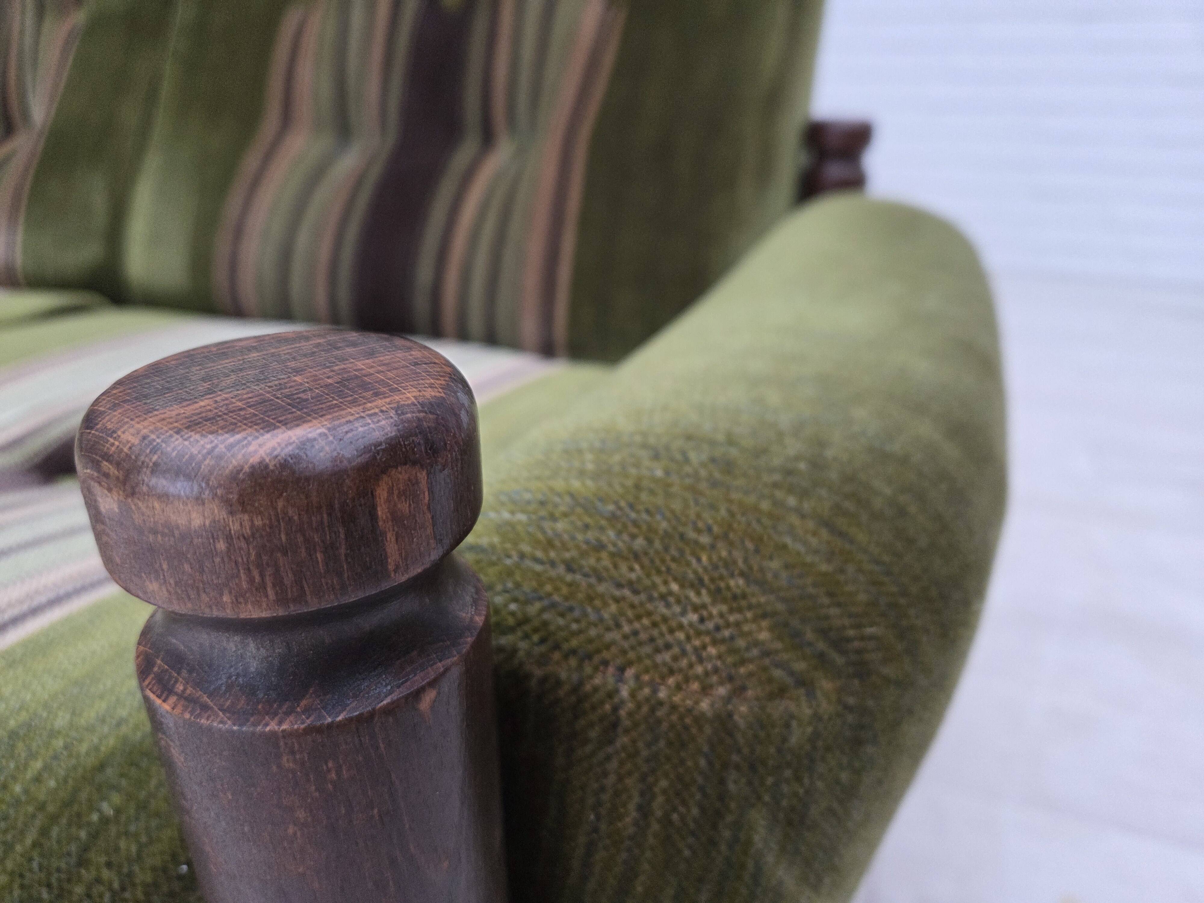 1970s, Scandinavian 2-seater sofa, green furniture velour, beech wood.