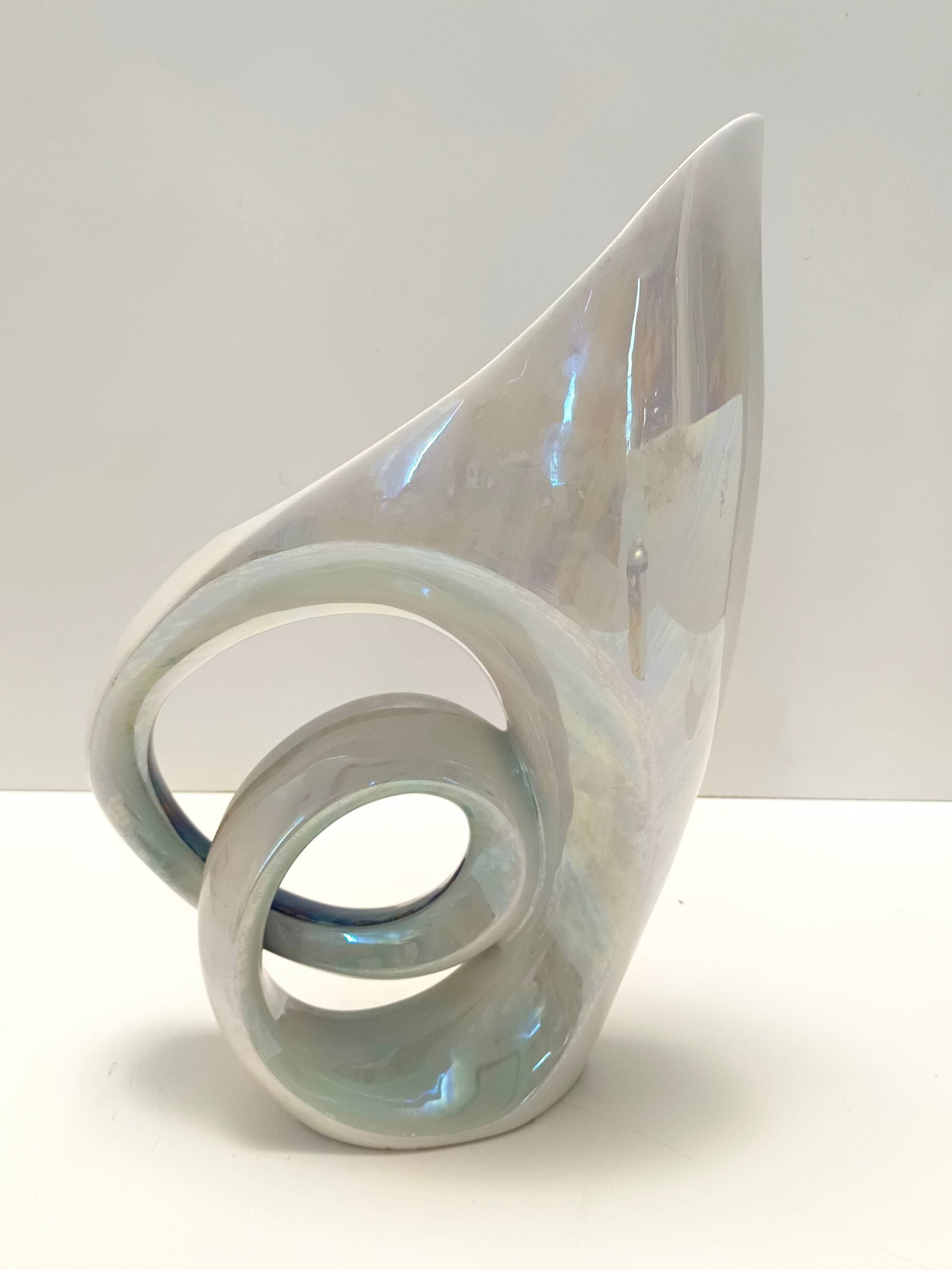 White and Iridescent Blue Ceramic Vase / Centerpiece by Lusso, Italy