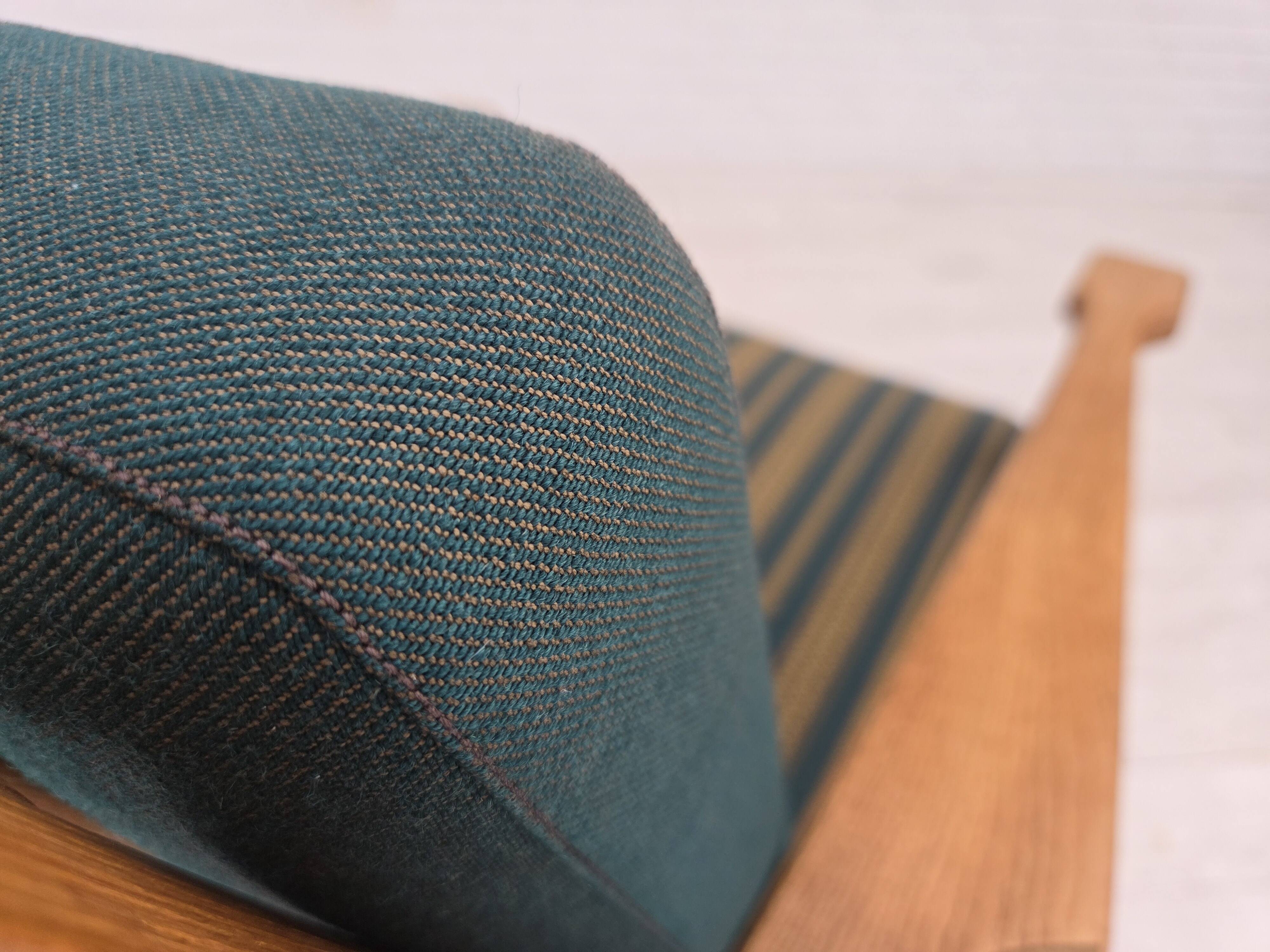 1970s, Scandinavian lounge chair, green furniture wool, solid oak wood.