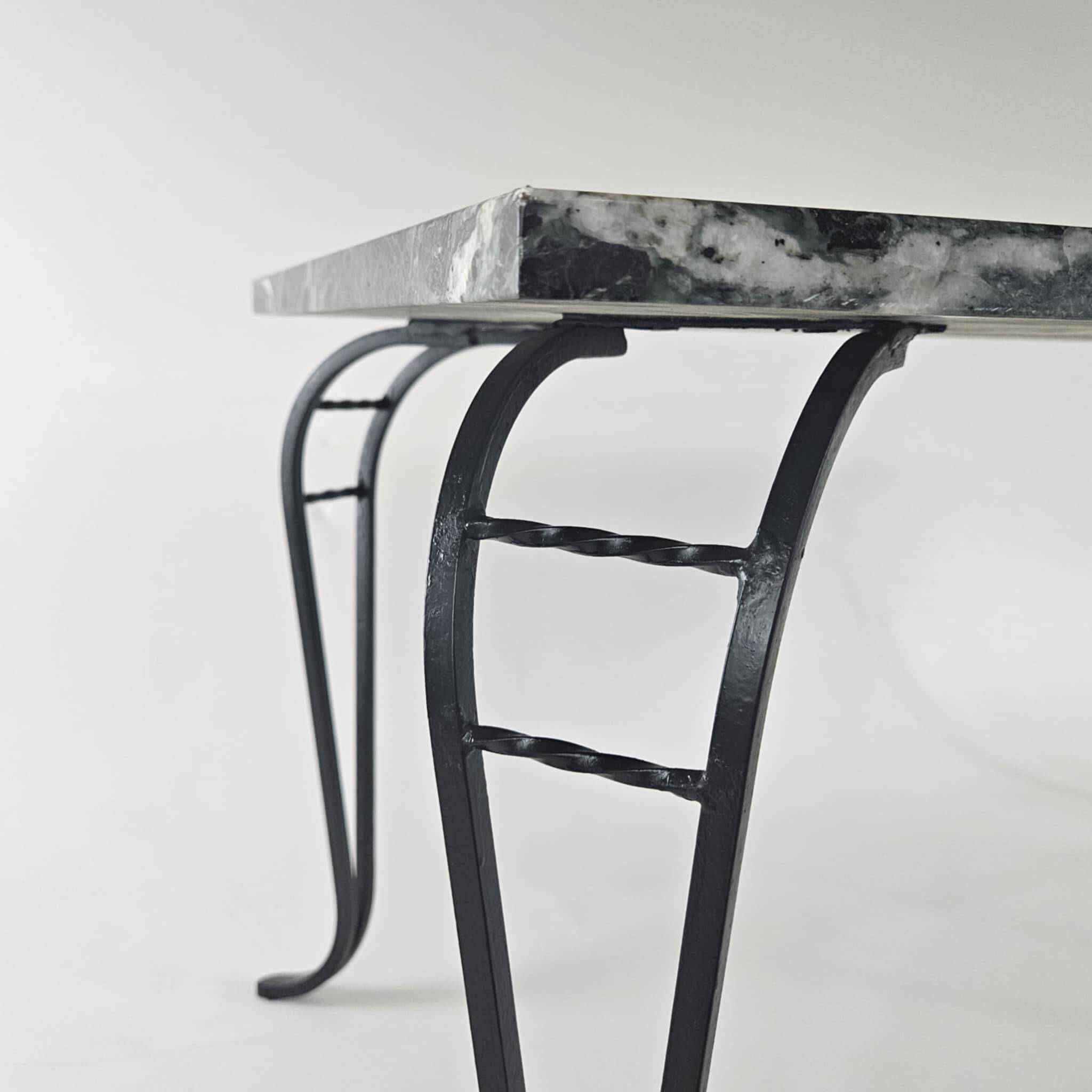 Coffee table, alpine green marble top and wrought iron legs, circa 1950