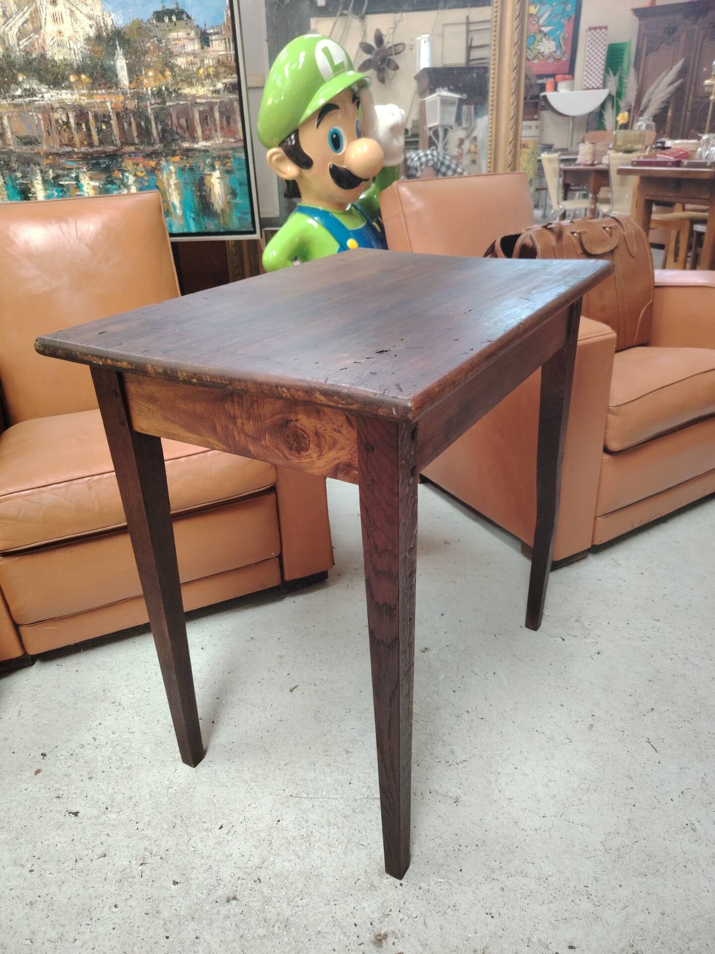 Small patinated solid wood side table with tapered legs - 1900