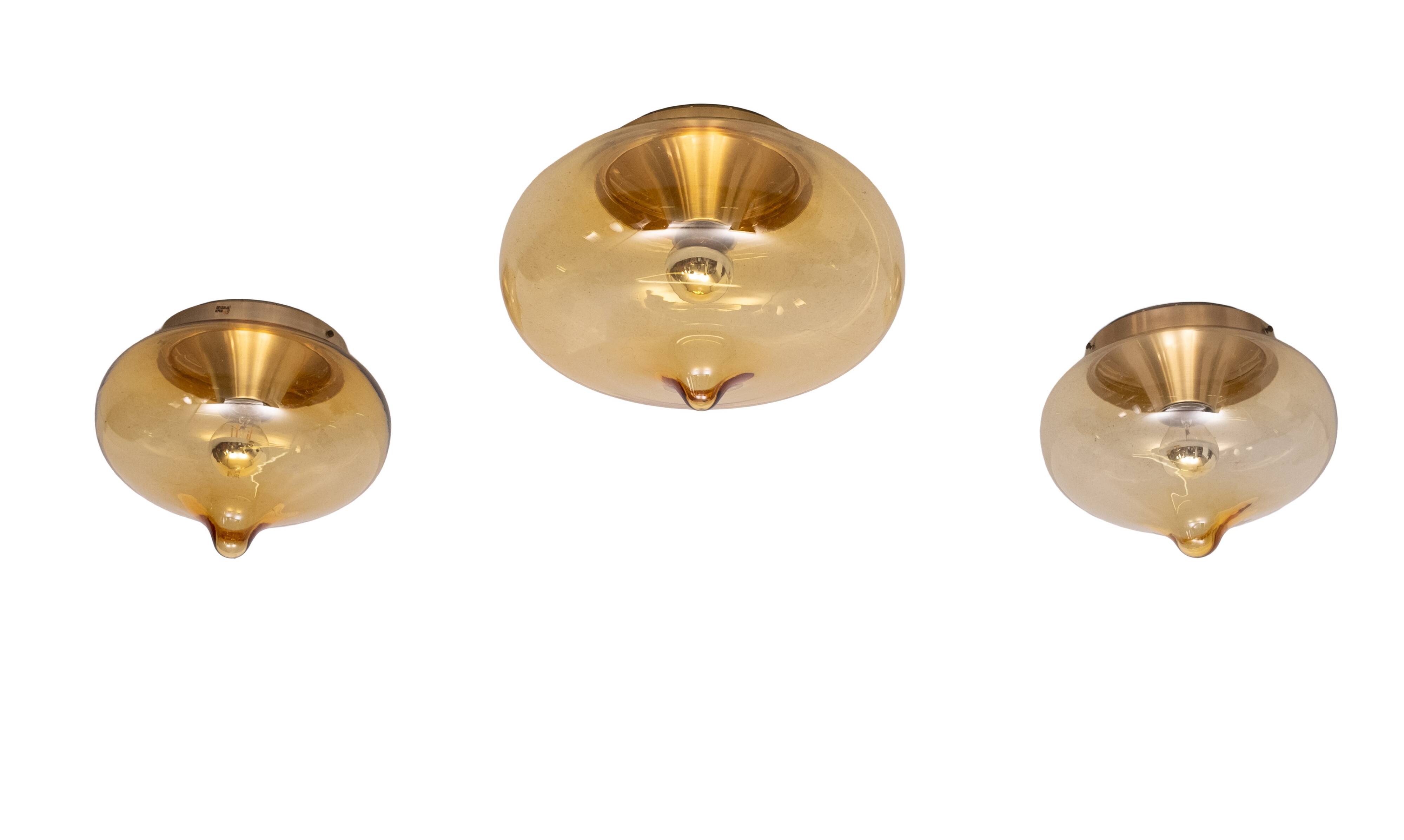 3 plafonniers en verre fumé par Dijkstra Lamps, années 1970