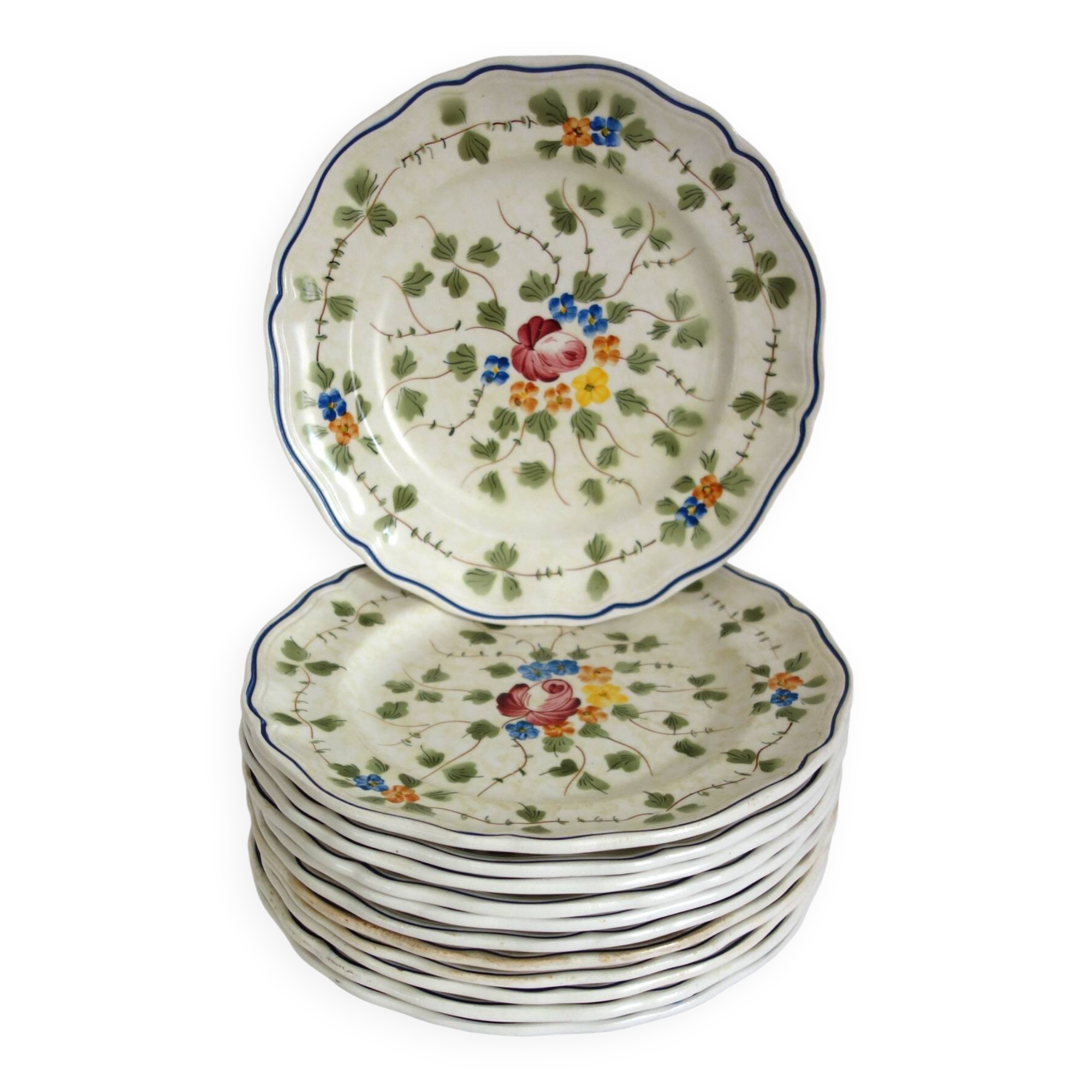 12 old Longchamp flat plates with floral decoration