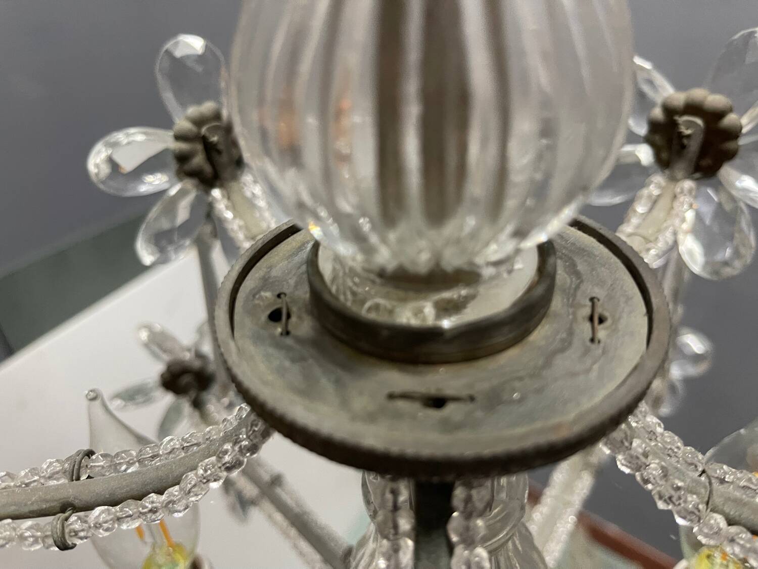 Crystal Beaded Bronze Flower Chandelier 1950s