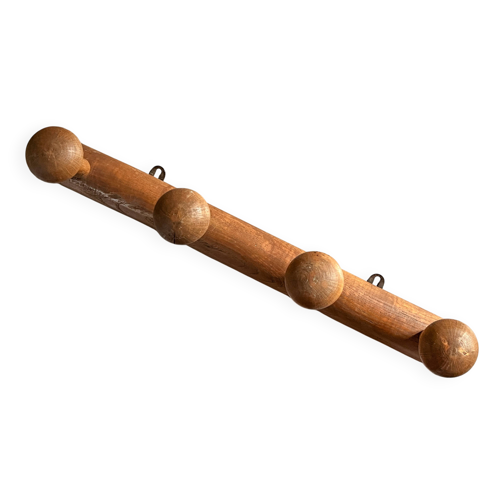 Varnished wooden wall coat rack with 4 hooks, antique item.