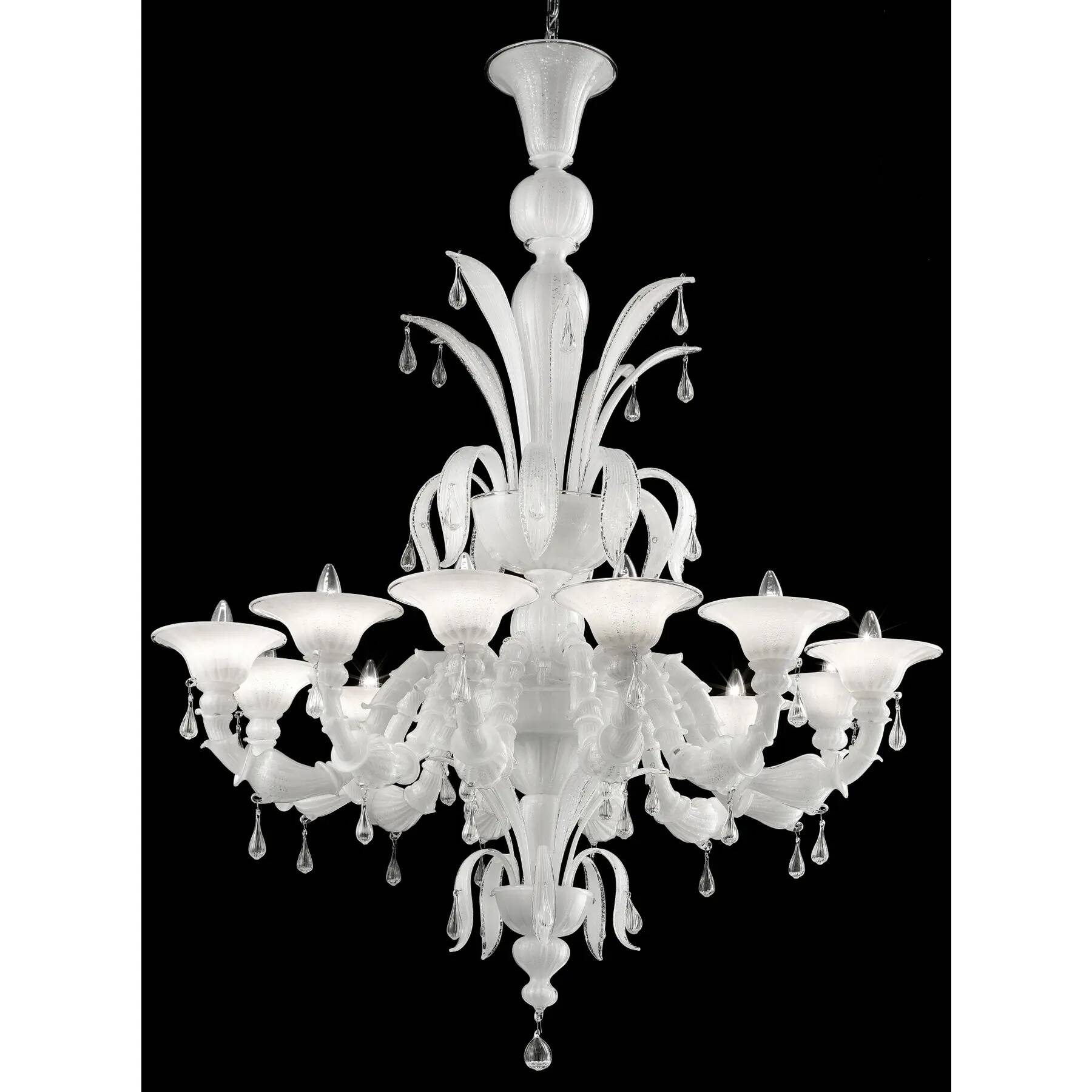 Traditional White Venetian Murano Glass “Ca’ Rezzonico” Chandelier with Tra