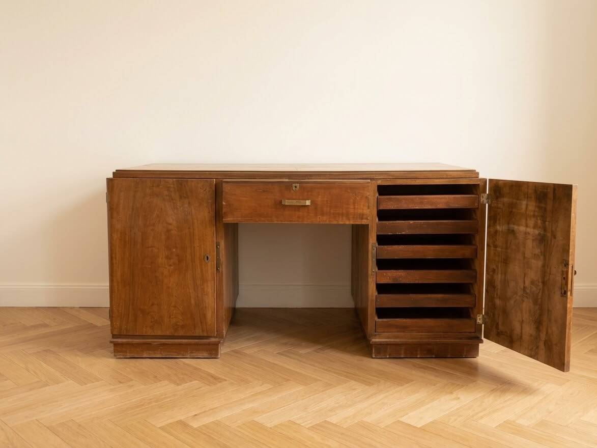 Large Art Deco desk in solid wood with storage cabinets.