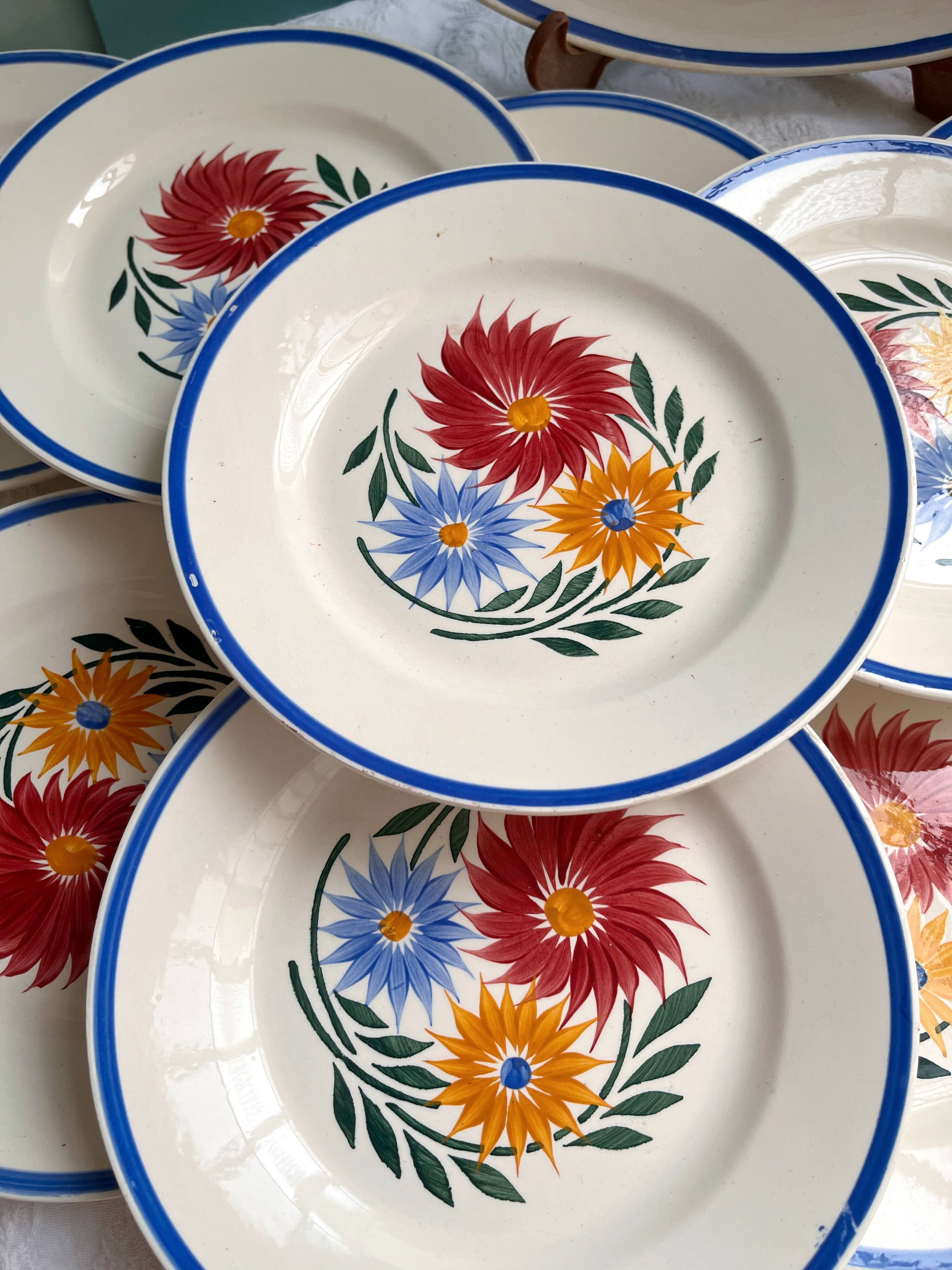 Vintage iron earthenware dessert service - floral model - Rustic HBC Choisy le Roi