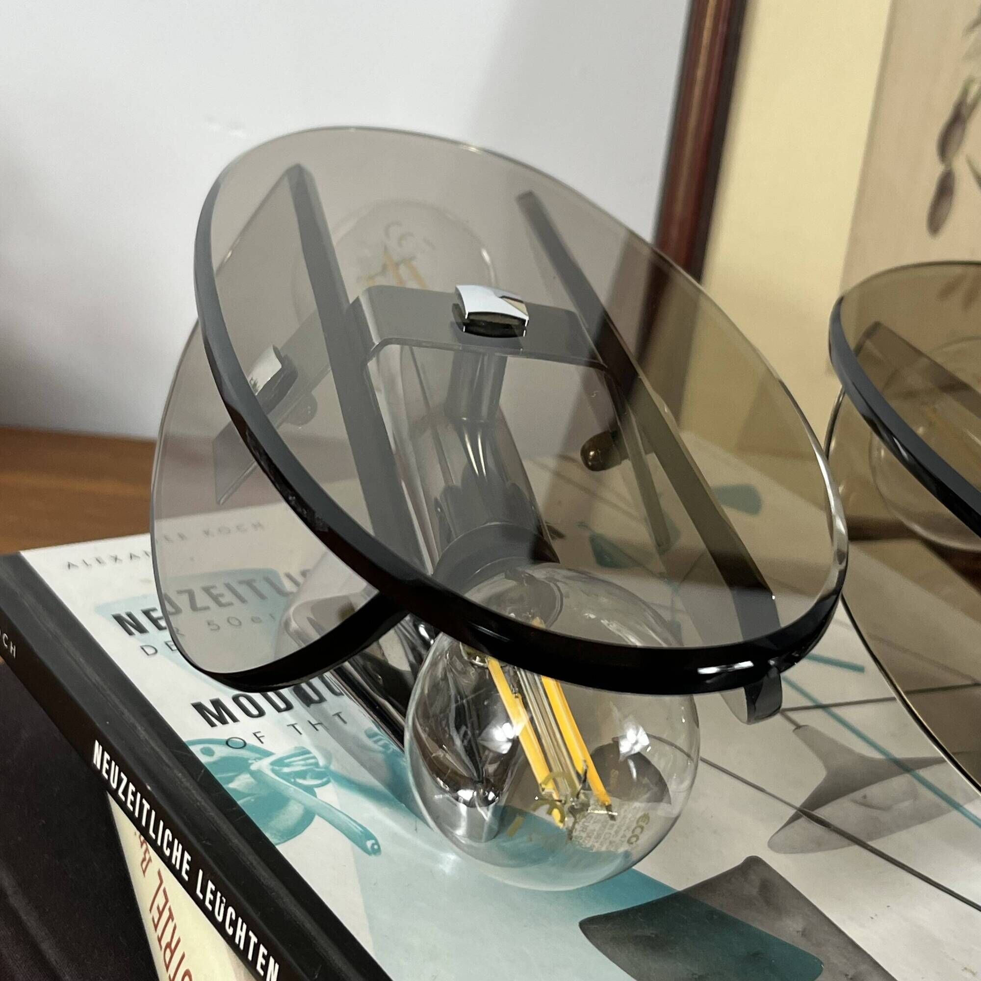 Pair of Veca wall sconces in smoked brown glass and chrome metal from the 1970s.