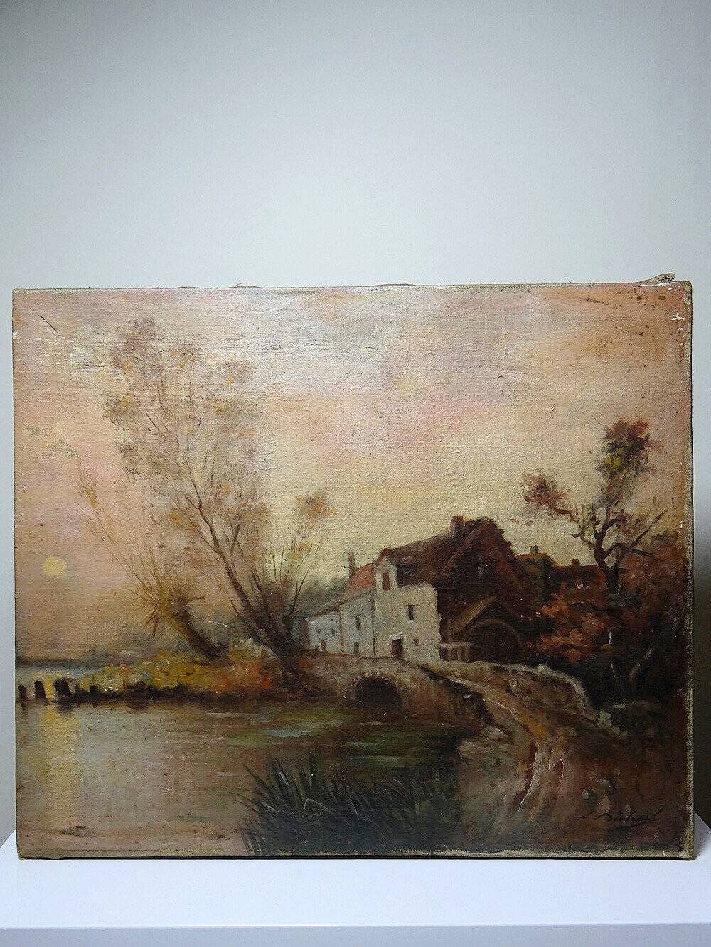 Large painting farm on pond old 19th century signature oil on linen canvas