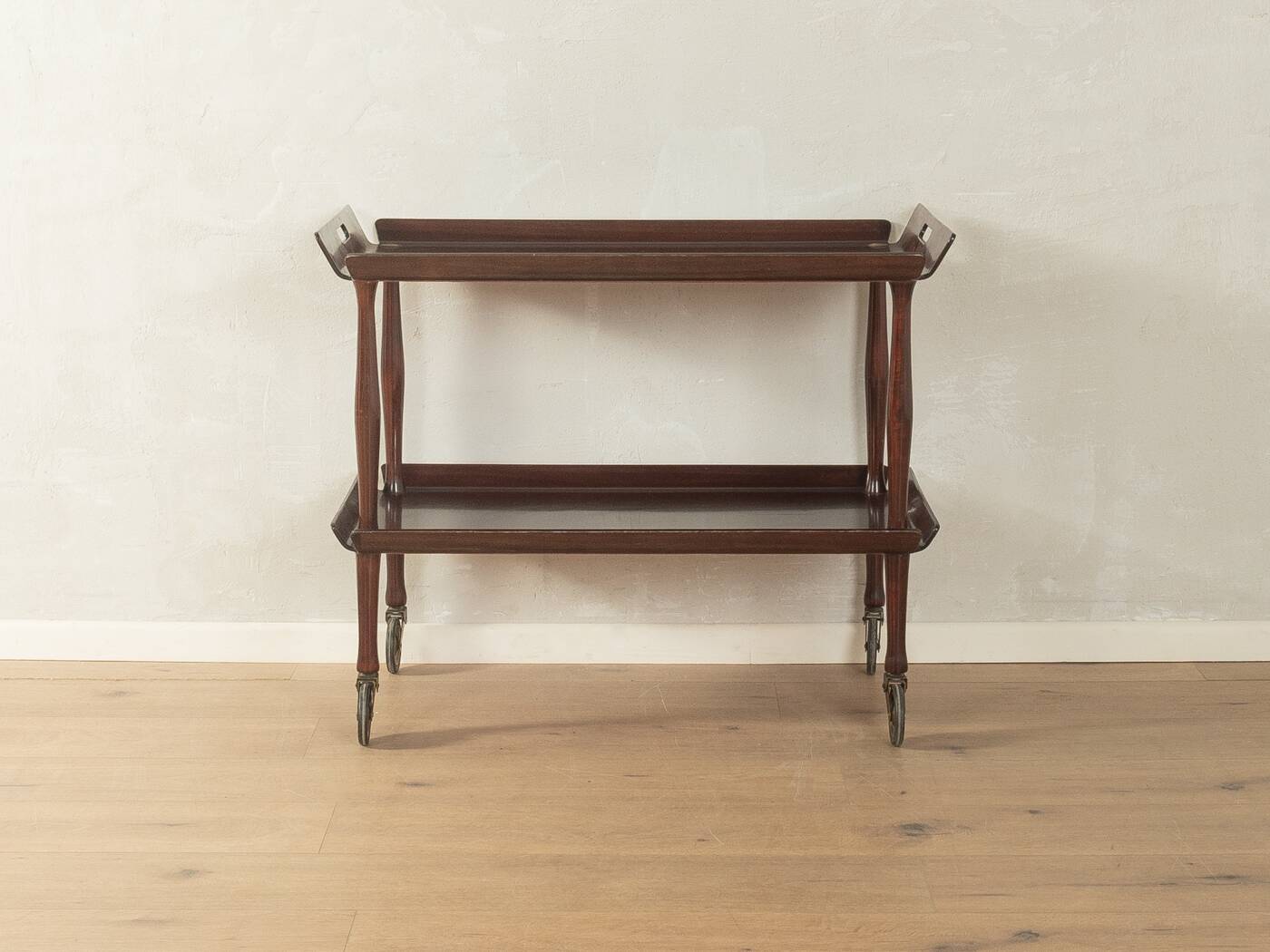 Classic serving trolley from the 1960s, solid Macoré frame with two Macoré veneer shelves and brass castors