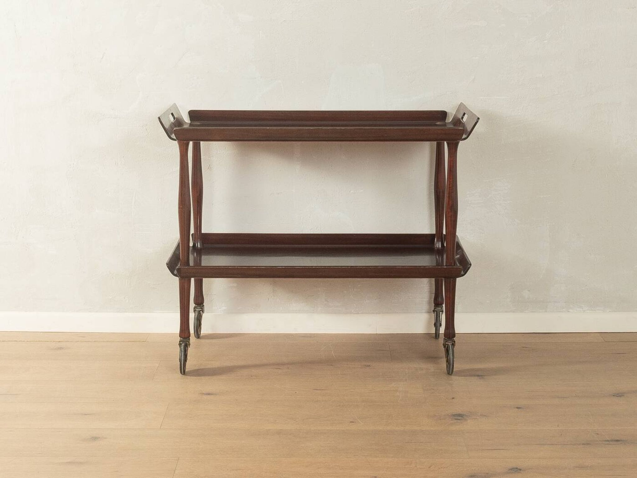 Classic serving trolley from the 1960s, solid Macoré frame with two Macoré veneer shelves and brass castors