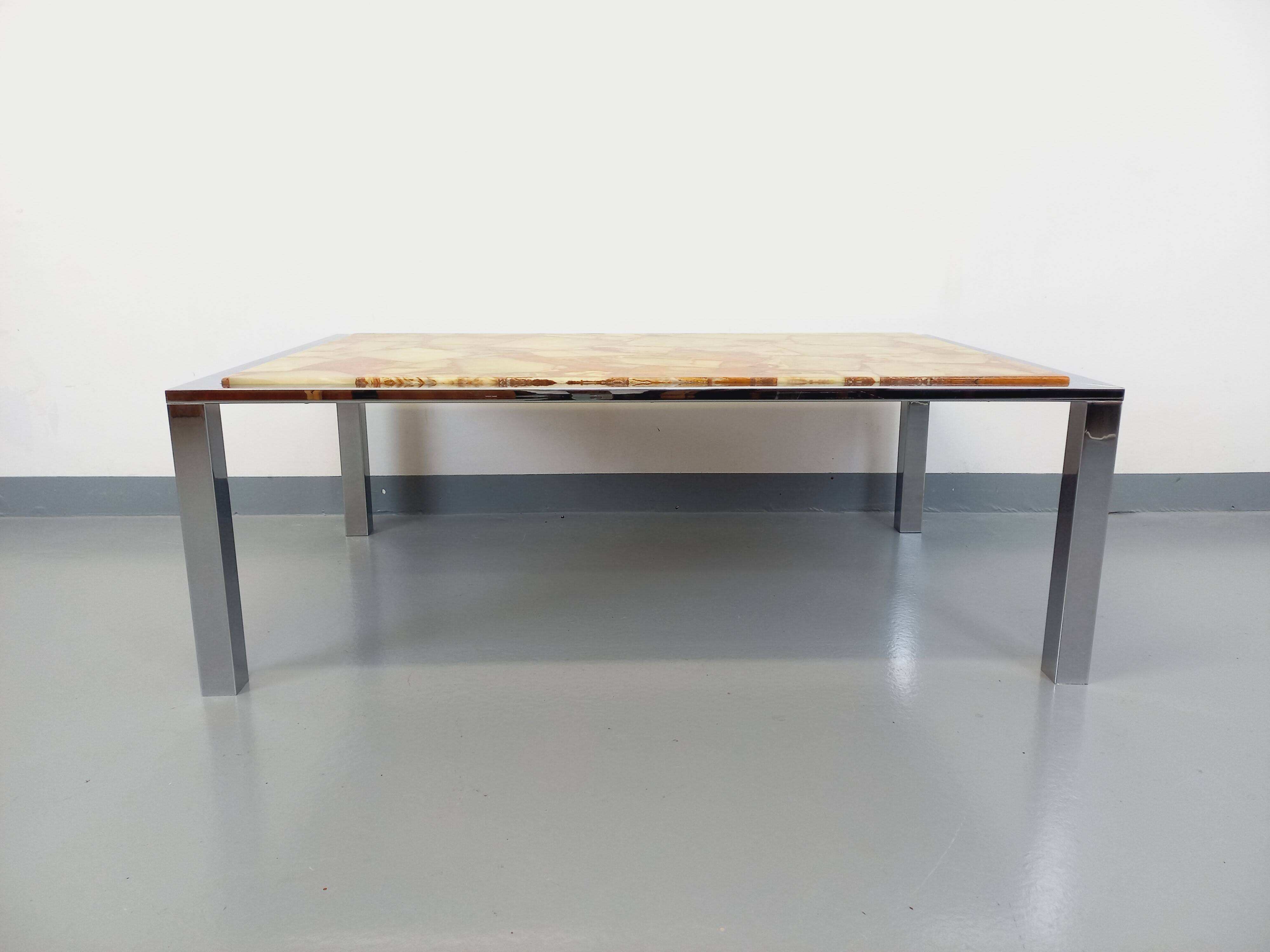 Large vintage coffee table in chrome metal, yellow onyx stone and resin from the 70s