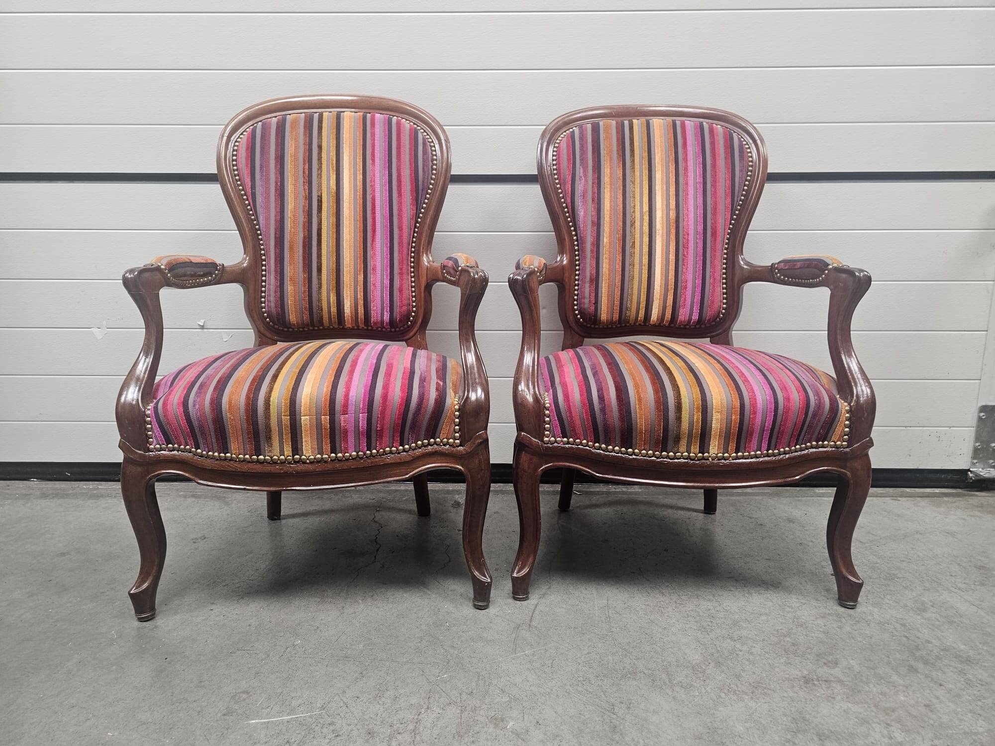 Pair of Louis Philippe armchairs in multi-colored striped velvet