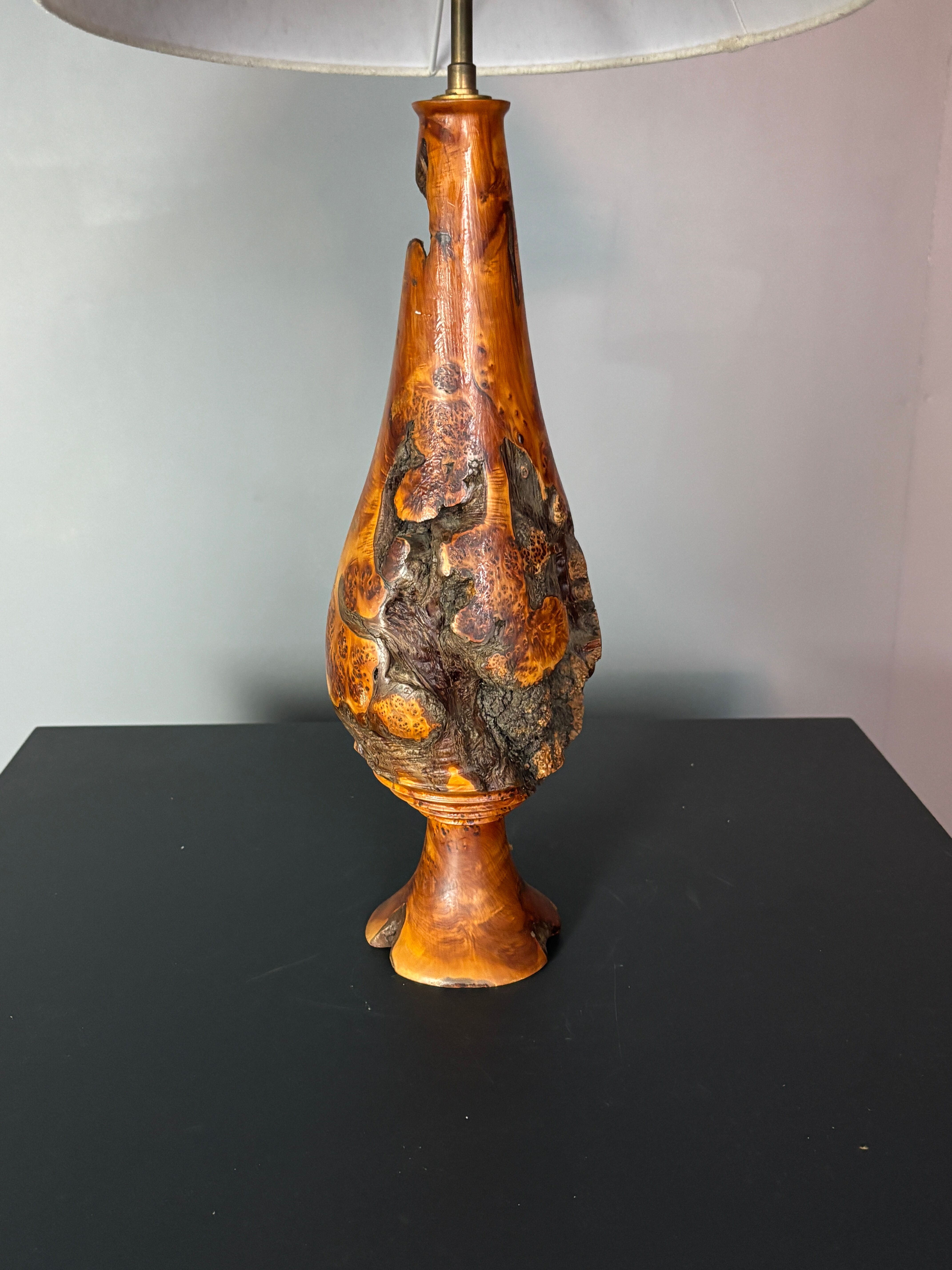 Sculptural artisanal brutalist midcentury burl wood turned table lamp 1960s