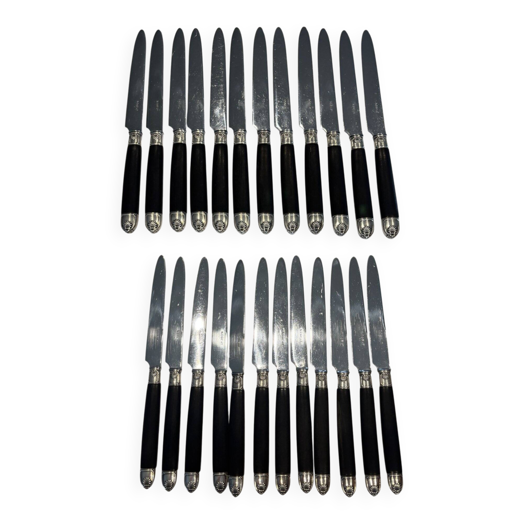 Empire-style knife set in ebony, with silver ferrules and pommels
