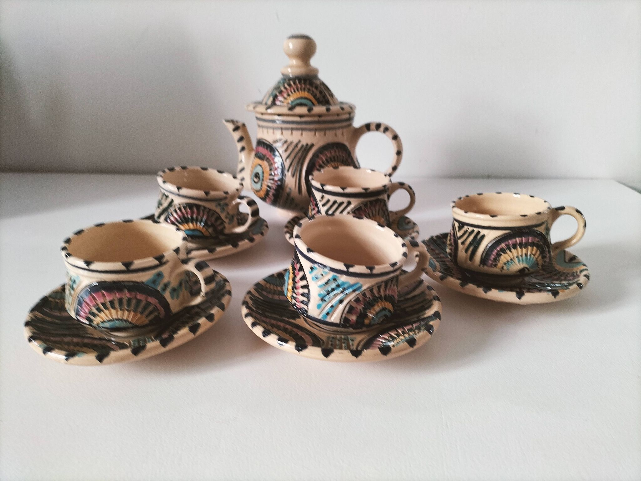 Service à thé marocain vintage, théière et 5 tasses et soucoupes