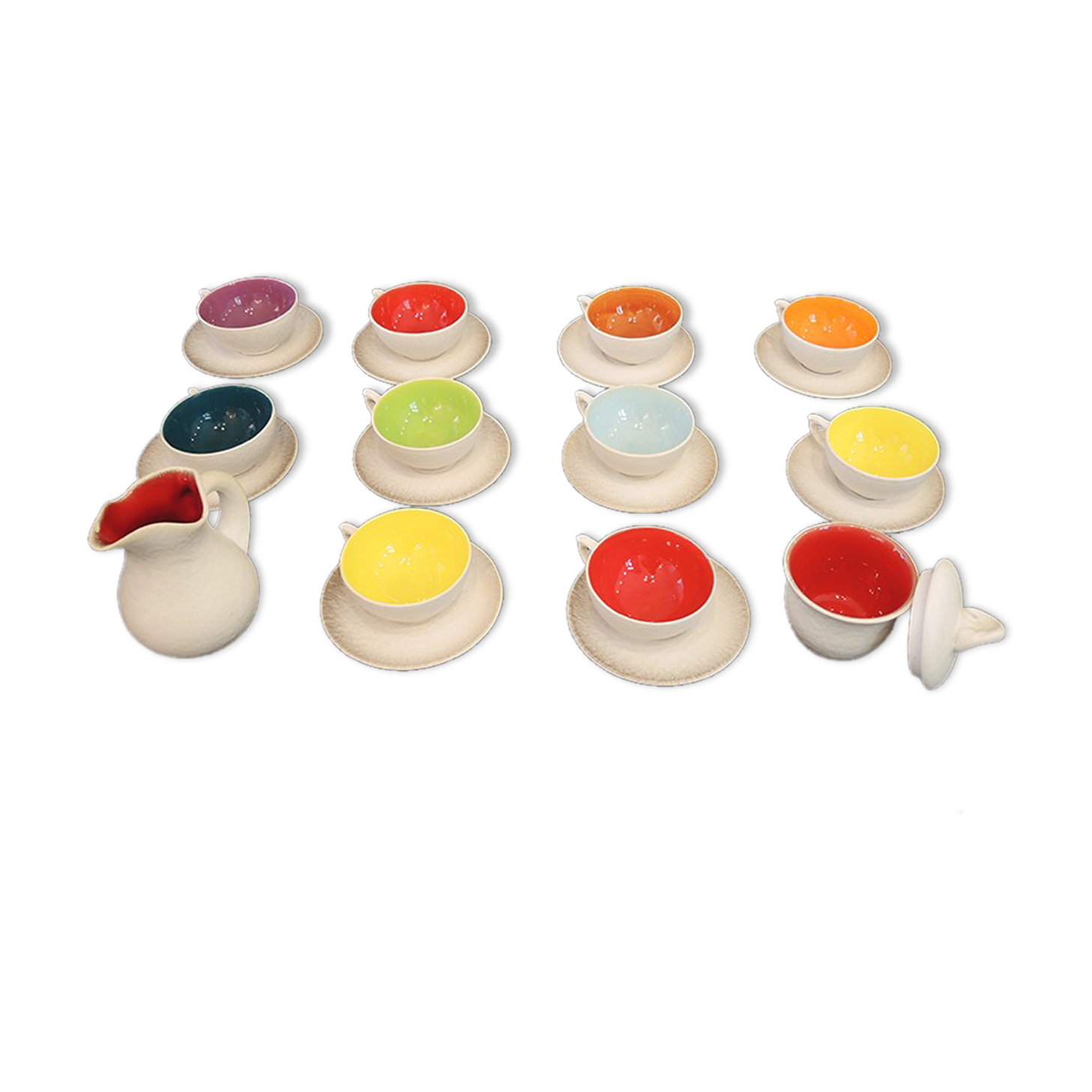 Former tea service in multicolored ceramics signed