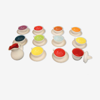 Former tea service in multicolored ceramics signed
