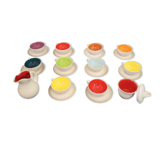 Former tea service in multicolored ceramics signed