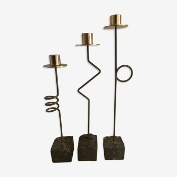3 Swedish design candle holders in granite, metal and brass, 1980