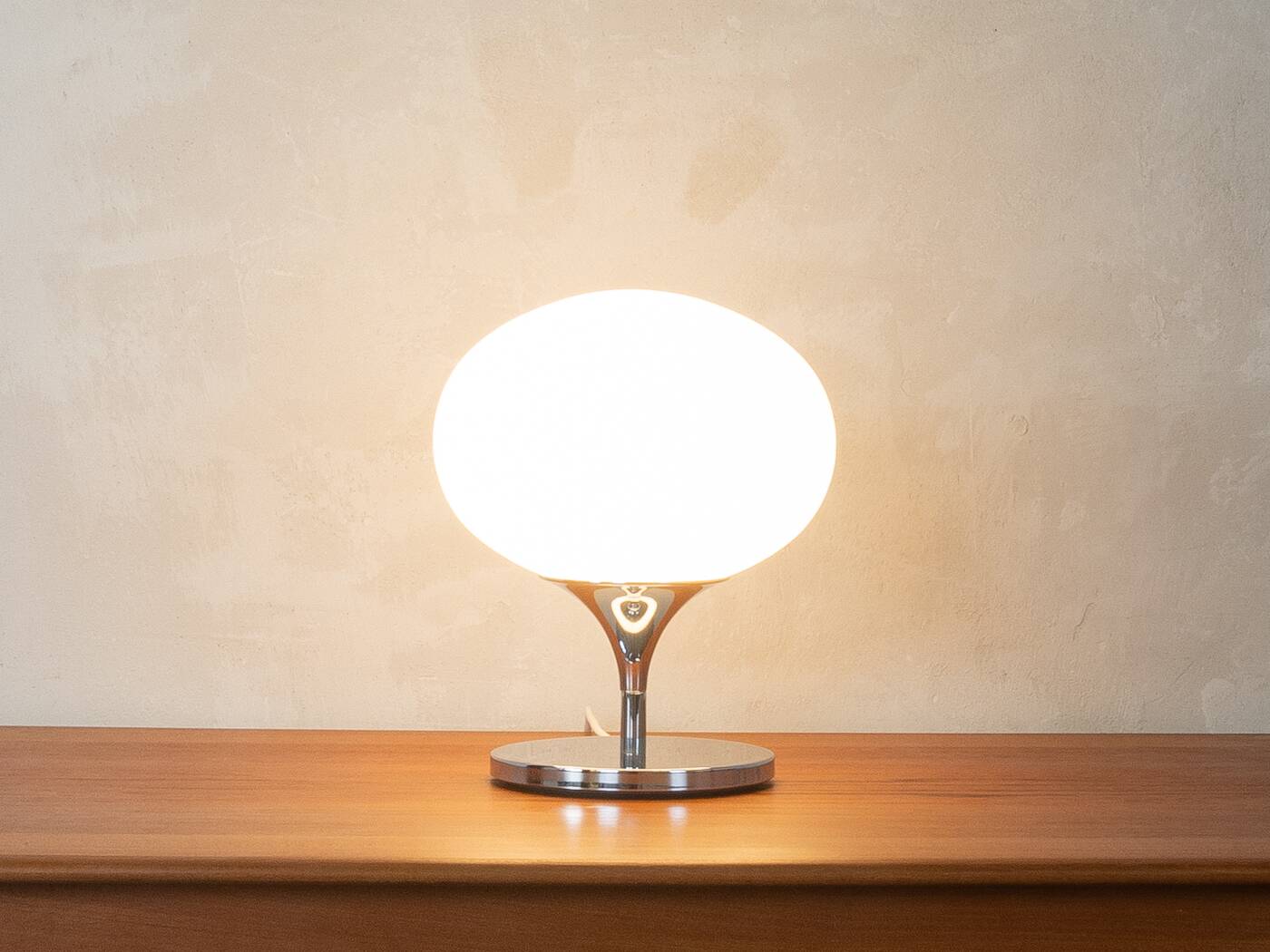 Kaiser Leuchten table lamp, 1970s, space age design, chrome and opal glass