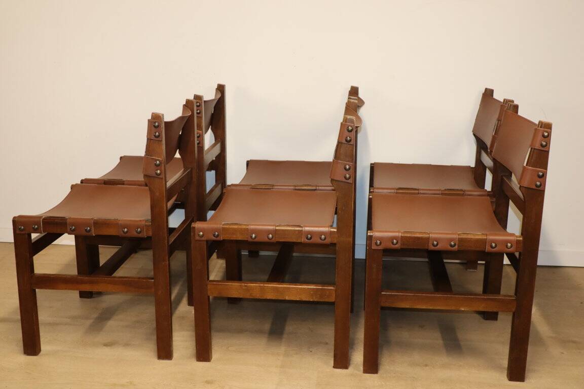 Series of 6 vintage Maison Regain chairs in leather and wood, 1960s