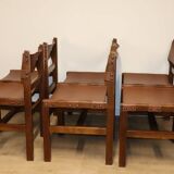 Series of 6 vintage Maison Regain chairs in leather and wood, 1960s