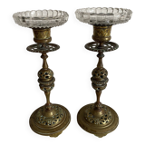 Pair of openwork brass candlesticks and glass bobeches