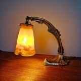 Lampe de bureau art déco en bronze et verre marmoréen, frères Muller, 1920