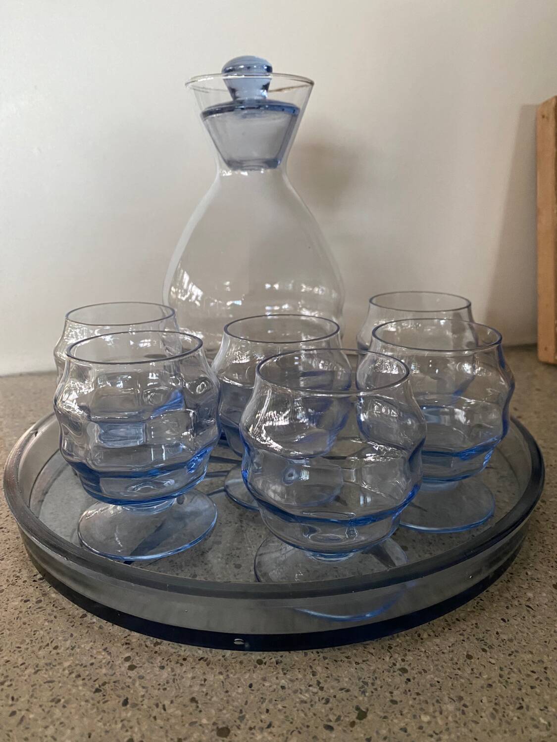 Art deco decanter and tray glass set