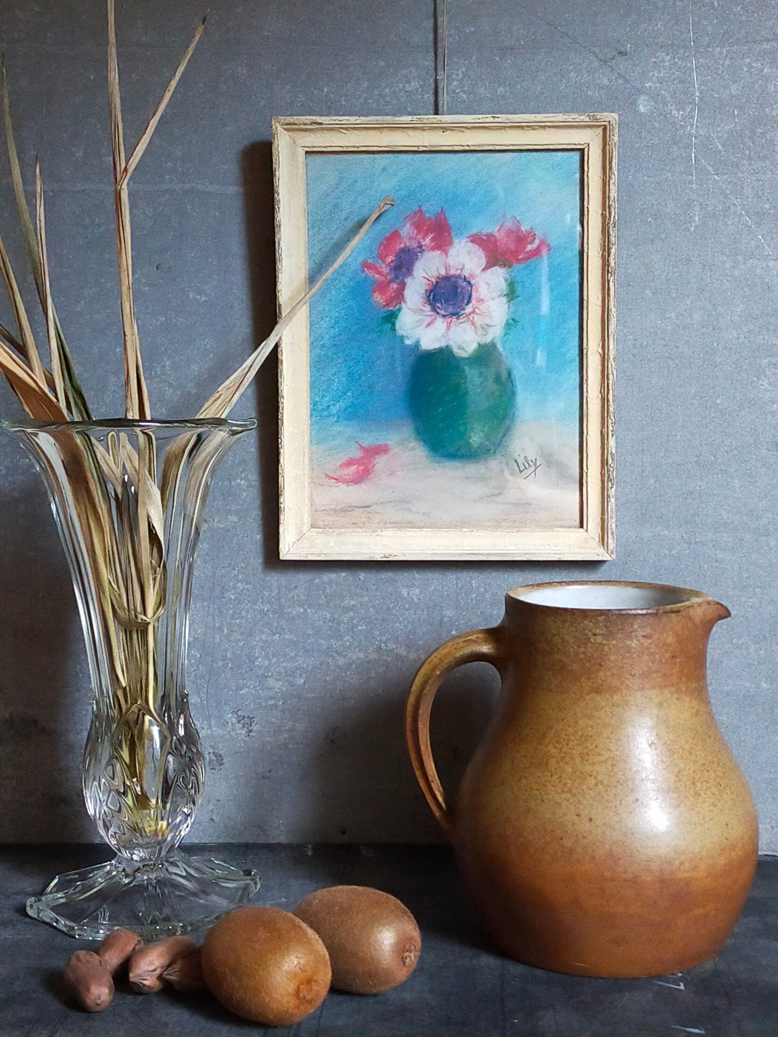 Pastel encadré "Les anémones" vintage