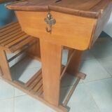 School desk circa 1950, bench, desk.