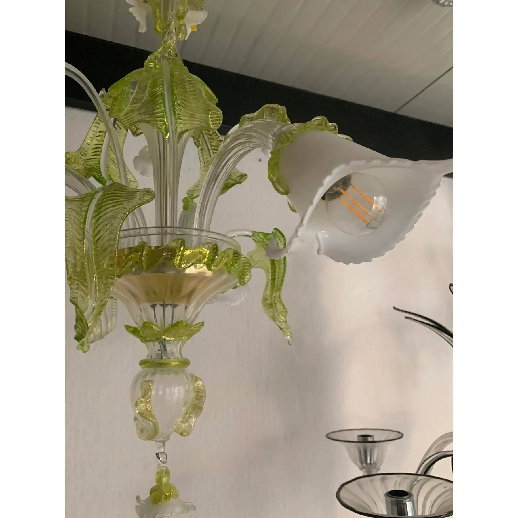 Floral and Green Leaf Milky “Calle” Glass Chandelier