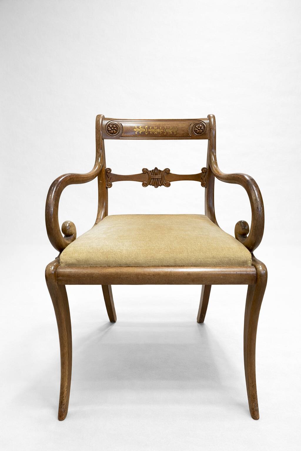 2 Antique Brass Dining Chairs with Inlaid Backs