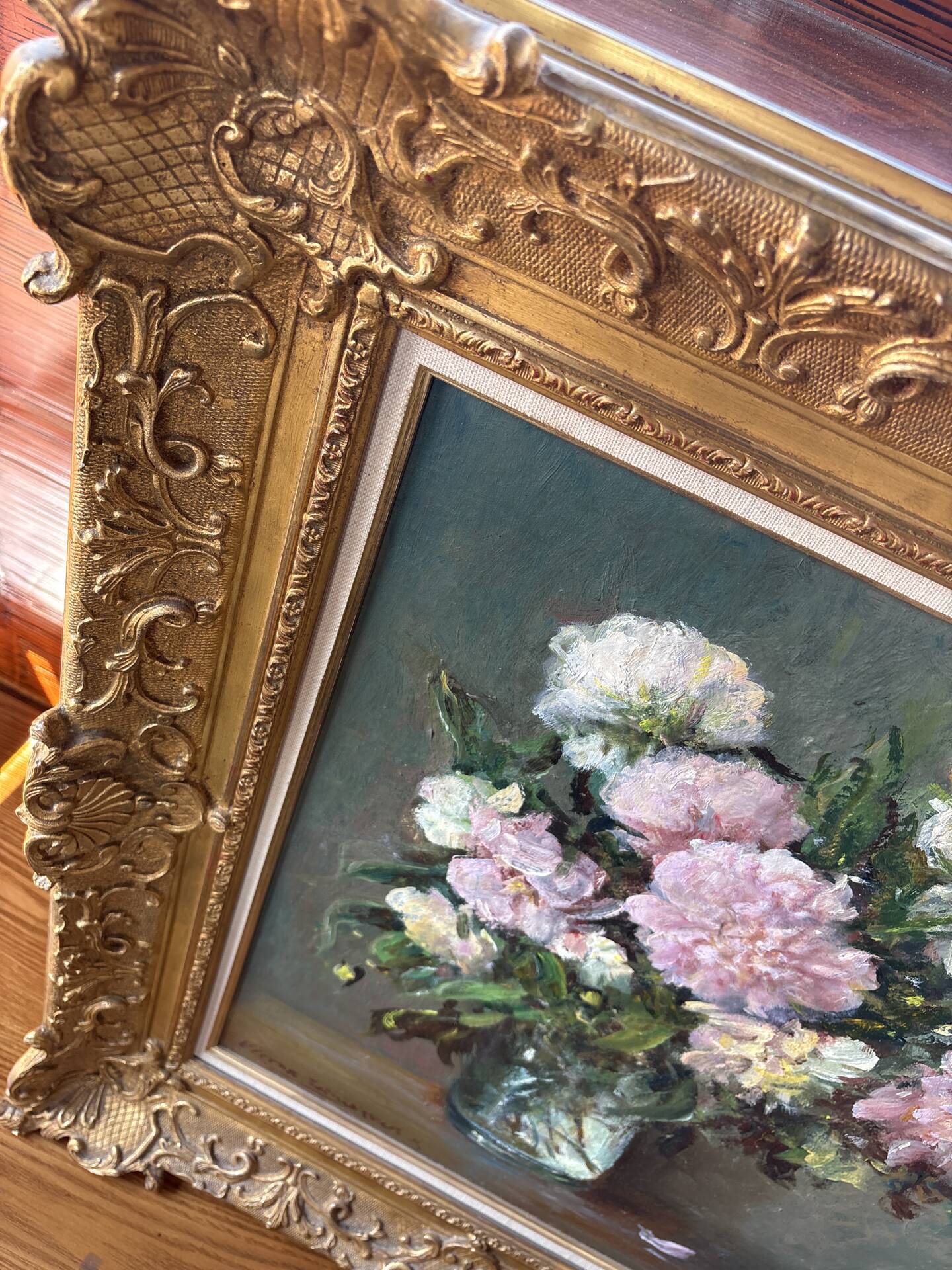 Large painting by Victor Zolnierowicz, peonies, oil on canvas, frame year