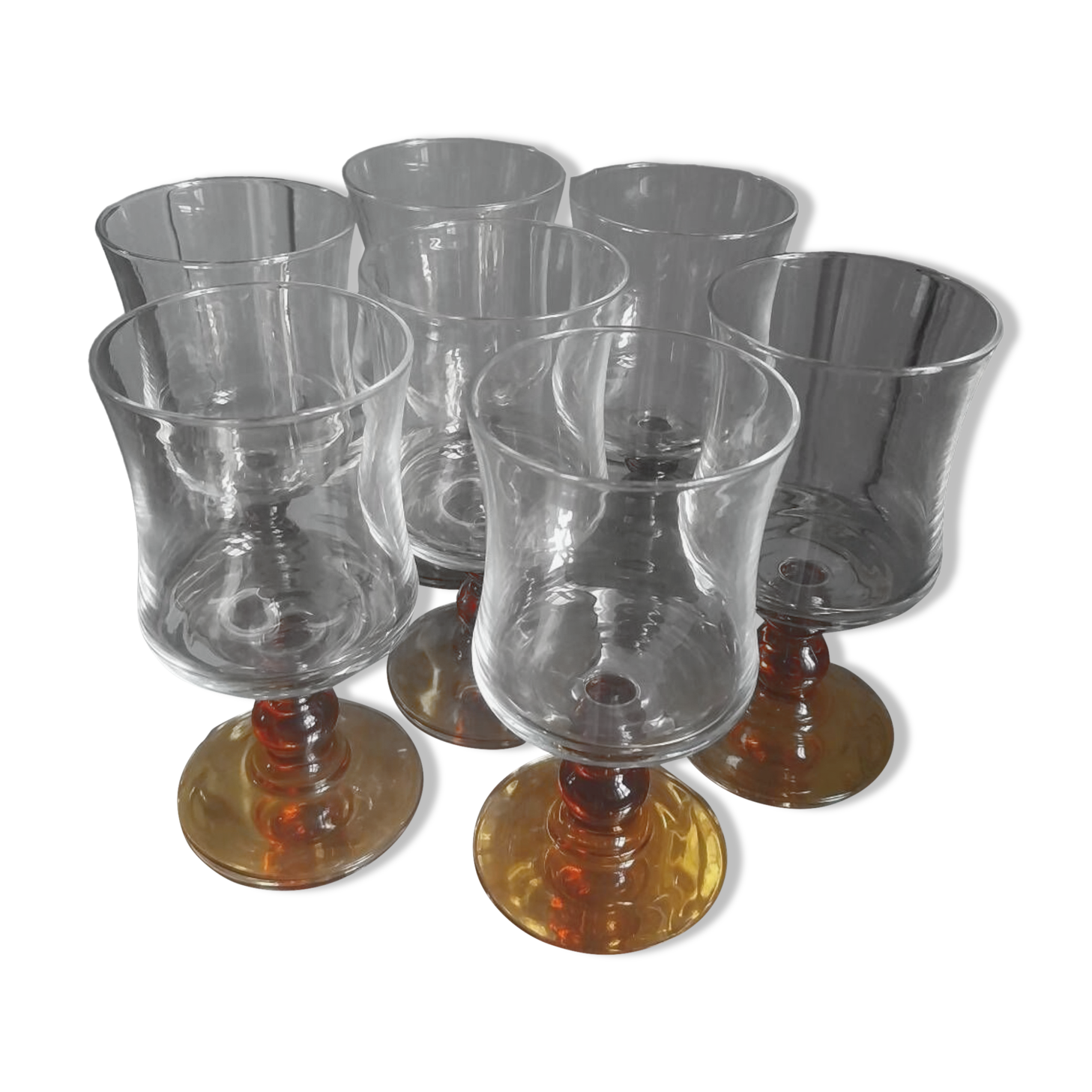 7 vintage amber stemmed glasses