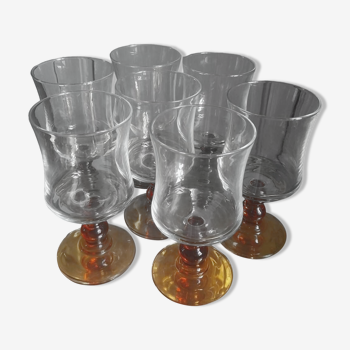 7 vintage amber stemmed glasses