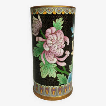 Vase Rouleau , beaux émaux Cloisonnés , Chine Asie . fleurs , fond bleu