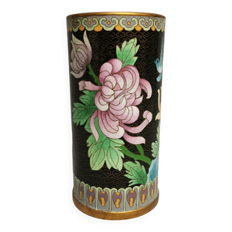 Vase Rouleau , beaux émaux Cloisonnés , Chine Asie . fleurs , fond bleu