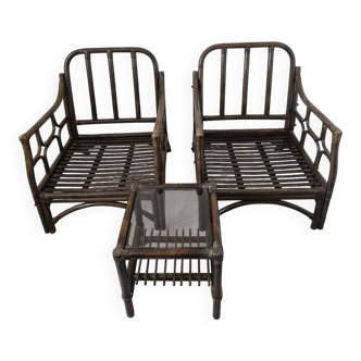 Brown rattan armchair pair