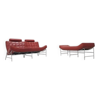 Leolux Volare 2-Seater Sofa with Ottoman – Red Leather – Design by Jan Armgardt