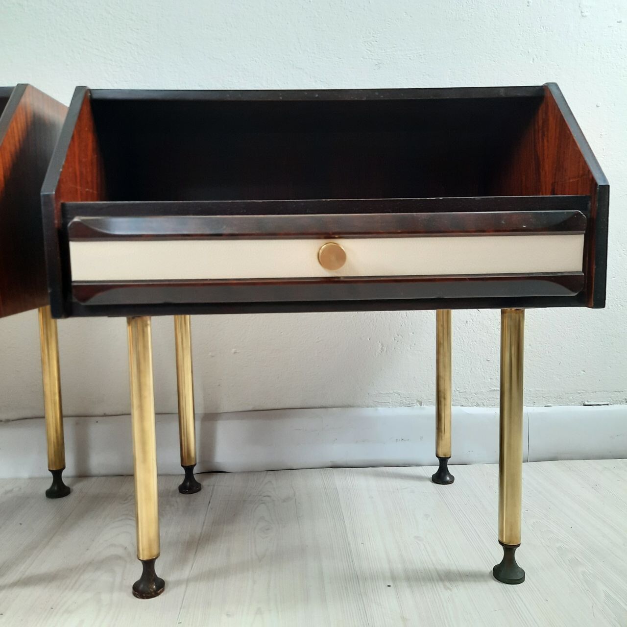 Dresser / chest of drawers and bedside tables - 1960s - faux leather brass